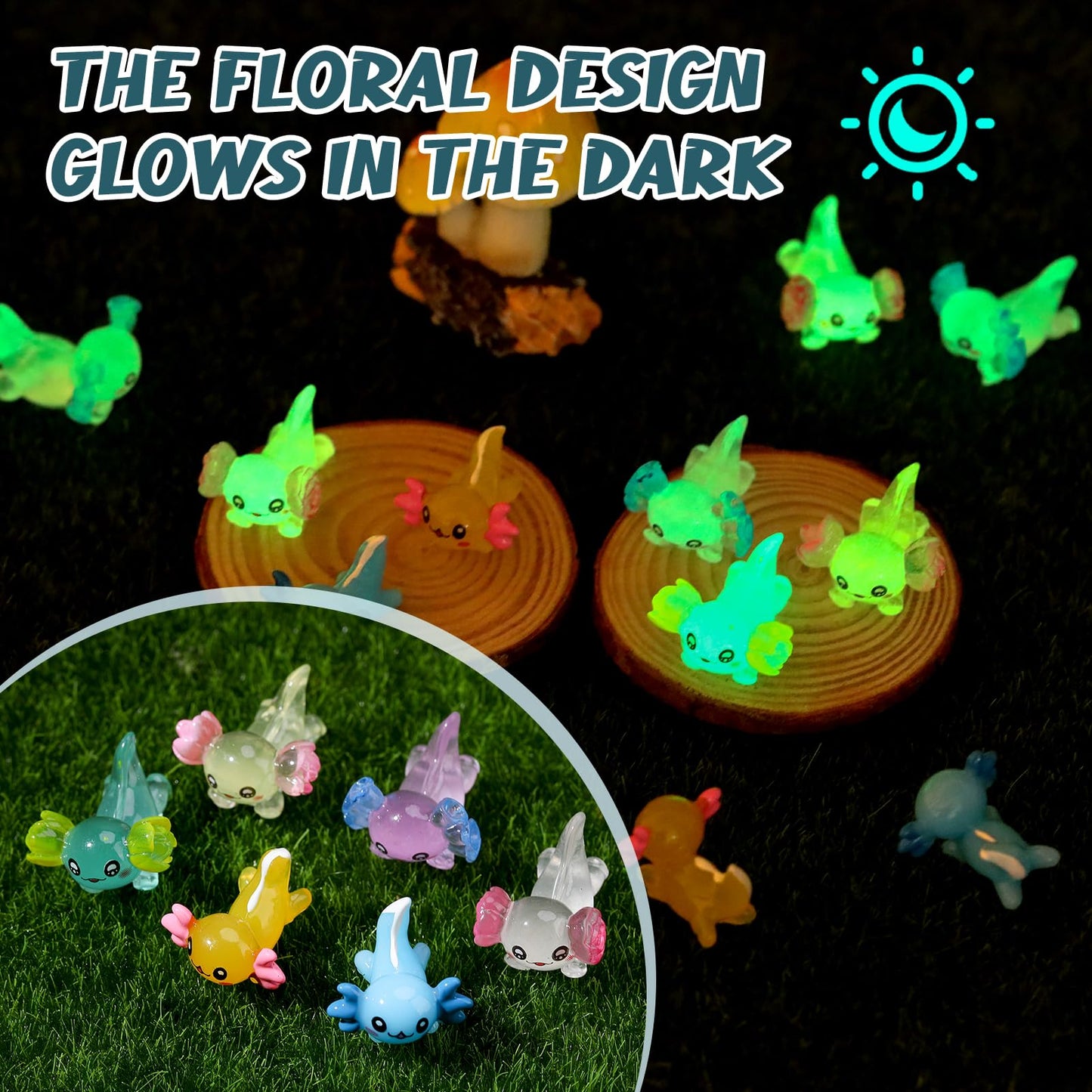 GGSTDDUP 30 Pcs Mini Resin Axolotl  Miniature Axolotl Figures to Hide  Unique Axolotl Ears in The Floral and White-Tailed Axolotl for Dollhouse Fairy Garden Landscape Aquarium (Some Styles Glowing)