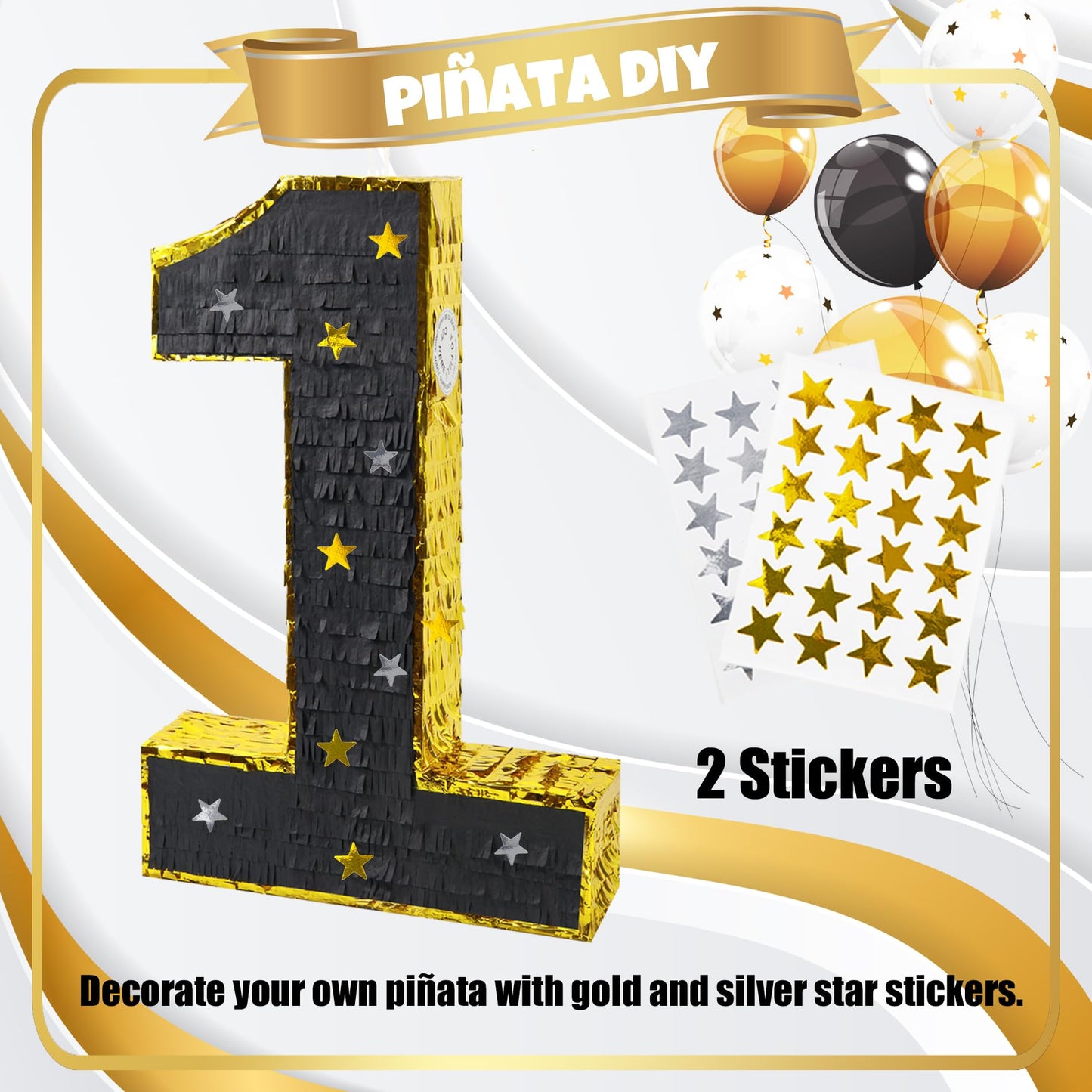PCFING 20 Inch Number 1 Piata Gold Black with 30 Inch Piata Stick Blindfold Confetti for Man Women Kids Birthday Party Decoratio
