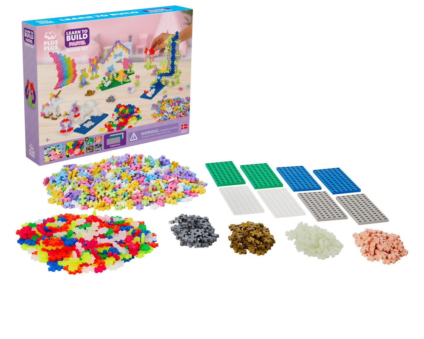 Plus-Plus - Learn To Build Super Set - Pastel Mix, 1,200 Pieces W/ 4 Baseplates - Construction Building Stem/Steam Toy, Interlocking Mini Puzzle Blocks For Kids