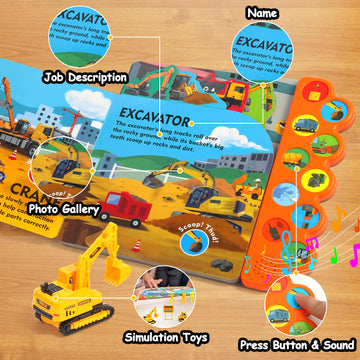 iGRATENS Construction Toys with Sound Books - Dig It! Dump It! Build It! Construction Board Book with 10 Buttons & 20 PCS Toys f