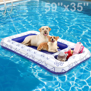 Pawaboo Inflatable Dog Pool Float for Medium Large Dogs, Up to 220 lbs, Blue PVC Raft with Dual Handles & Snack Area