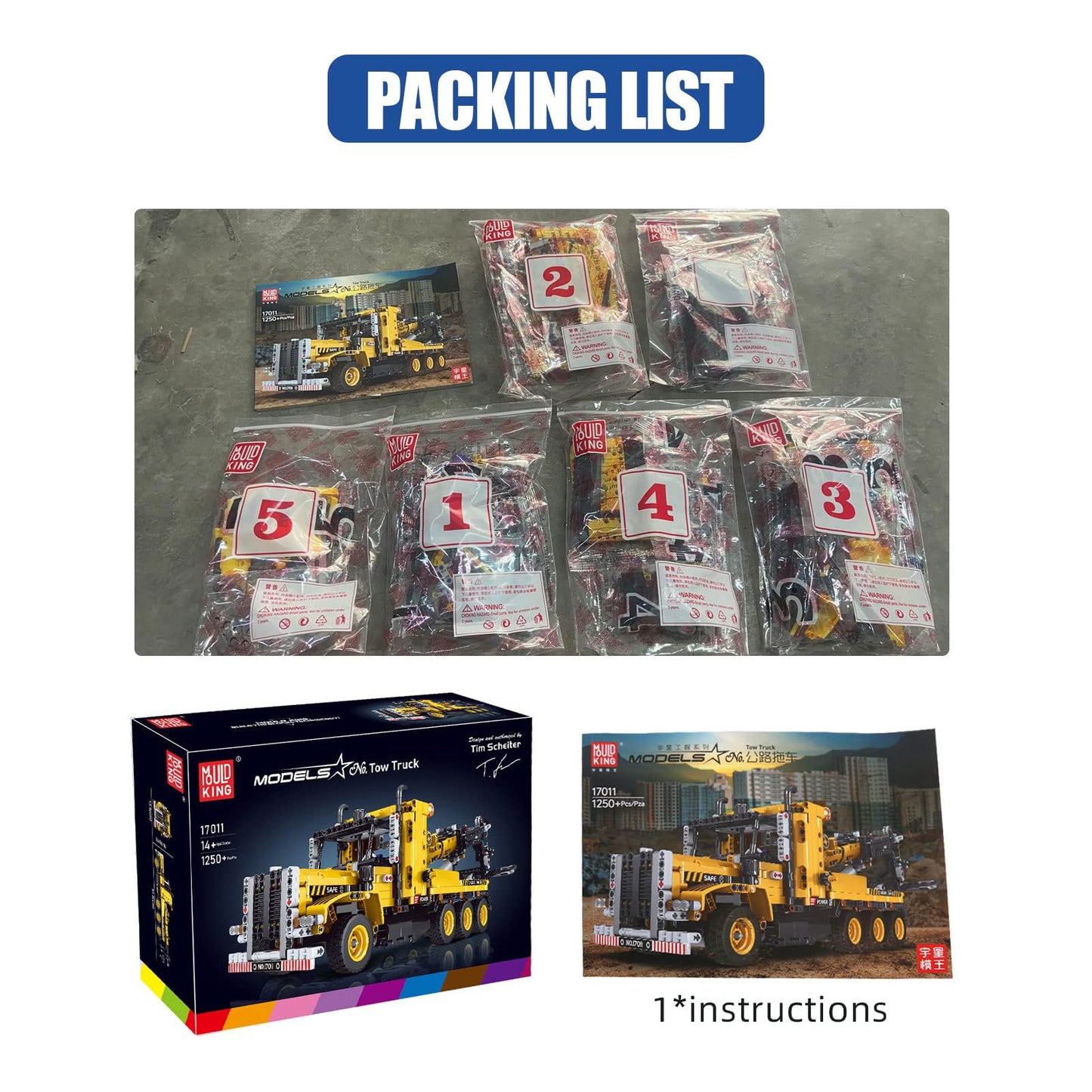 Mould King 17011 Heavy-Duty Tow Truck Building Toy Set, Technology Moc Road Trailers Building Gift Toys For Kids Age 8+ (1,250 Pieces)