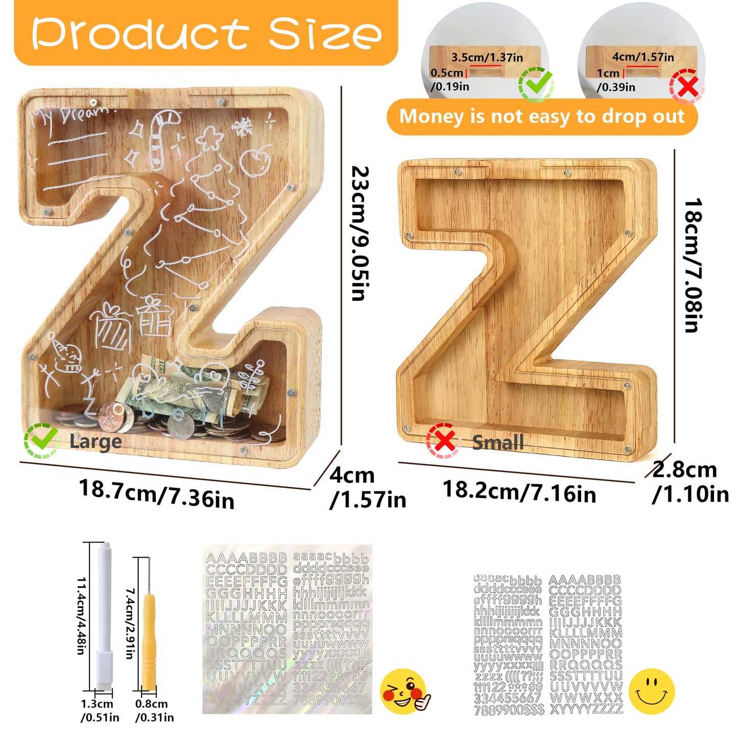 weallbuy Large Letter Piggy Bank for Kids Boys Girls Wooden Personalized Piggy Banks A-Z with Target Area Clear Alphabet Banknote Coin Banks for Gift Decoration Baptism (Z)