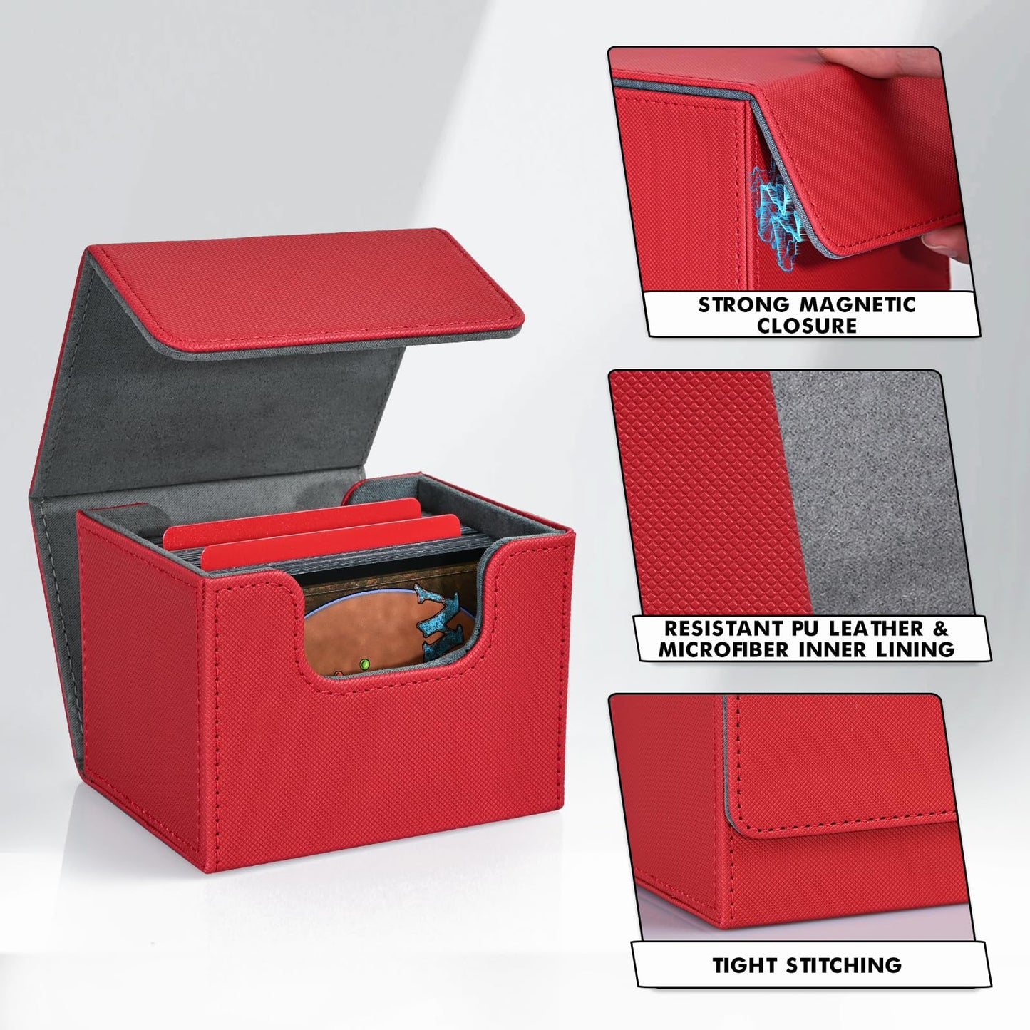 Zlca Card Deck Box For Trading Cards, Mtg Commander Deck Box Holds 120+ Single Sleeved Cards, Leather Magnetic Card Storage Box Fits For Tcg Ccg Magic Cards (Red)