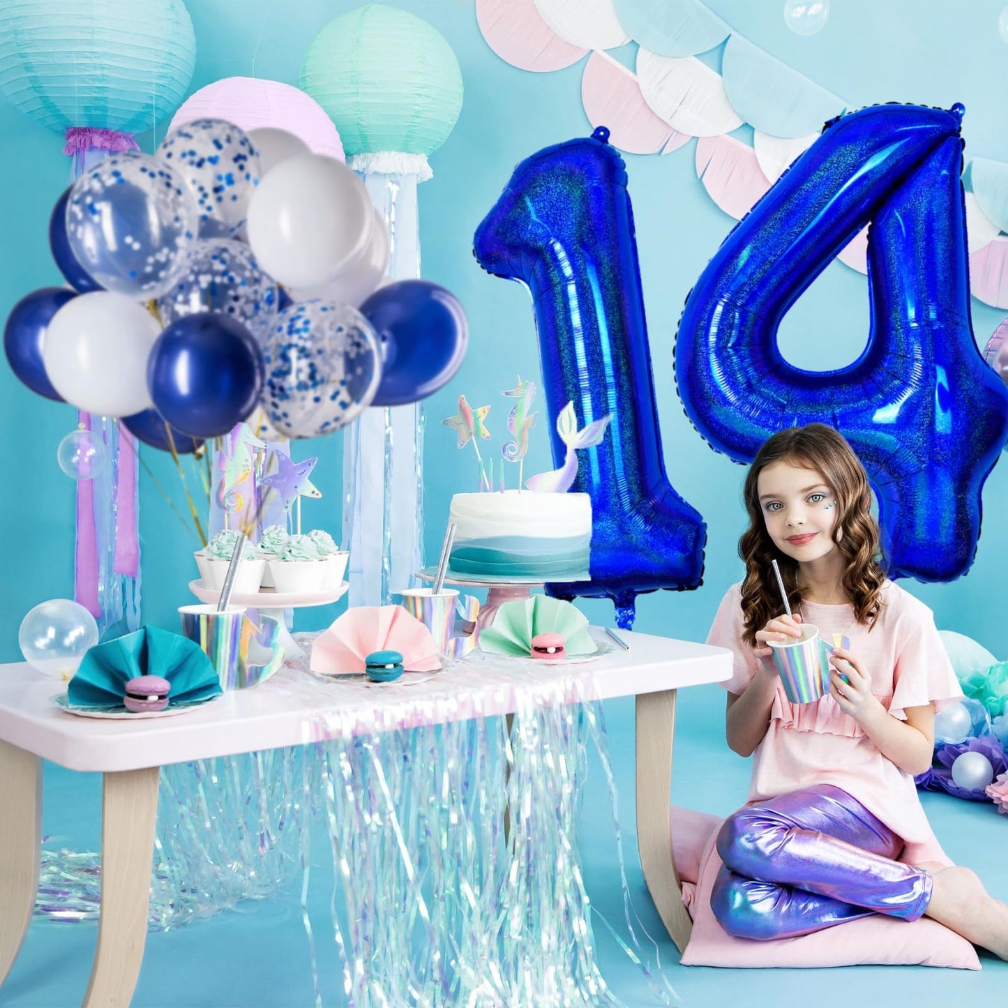 Number 14 Balloon 40 Inch, Dark Blue Big Number Balloon, Giant Foil 14 Balloons Number, Laser Blue Helium Birthday Balloons For