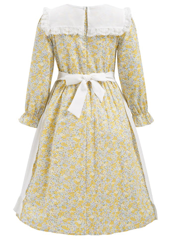Fortmac Prairie Dress Girls Pioneer Colonial Costume Floral 1800S Pilgrim Costume With Apron And Bonnet Yellow 11-12Y