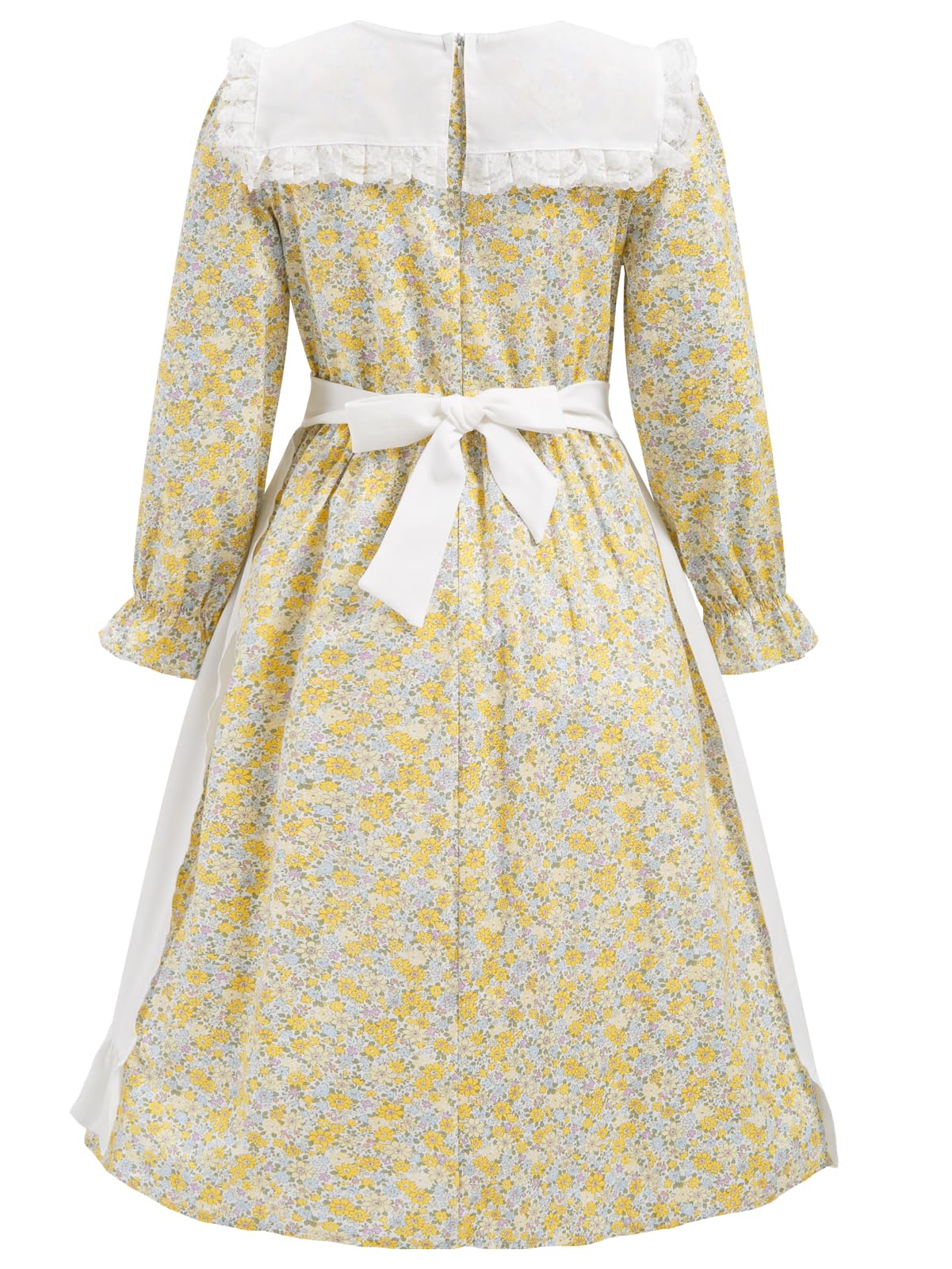 FORTMAC Prairie Dress Girls Pioneer Colonial Costume Floral 1800s Pilgrim Costume with Apron and Bonnet Yellow 7-8Y