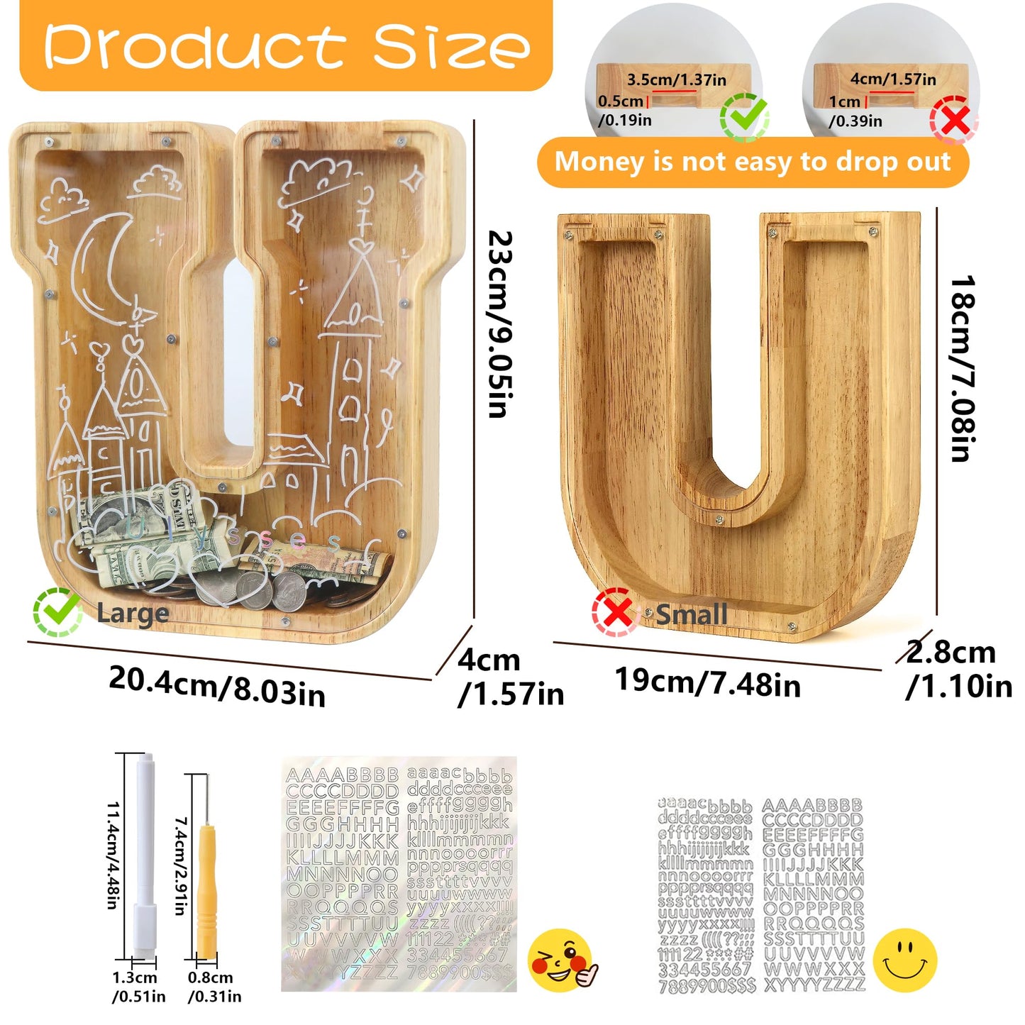 weallbuy Large Letter Piggy Bank for Kids Boys Girls Wooden Personalized Piggy Banks A-Z with Target Area Clear Alphabet Banknote Coin Banks for Gift Decoration Baptism (U)