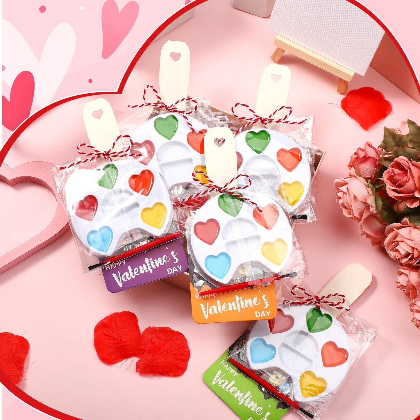 Noveread 24 Pack Watercolor Paint Sets for Valentines Day Gifts Include 24 Pcs Valentines Cards 24 Pcs Watercolor Paint 24 Pcs