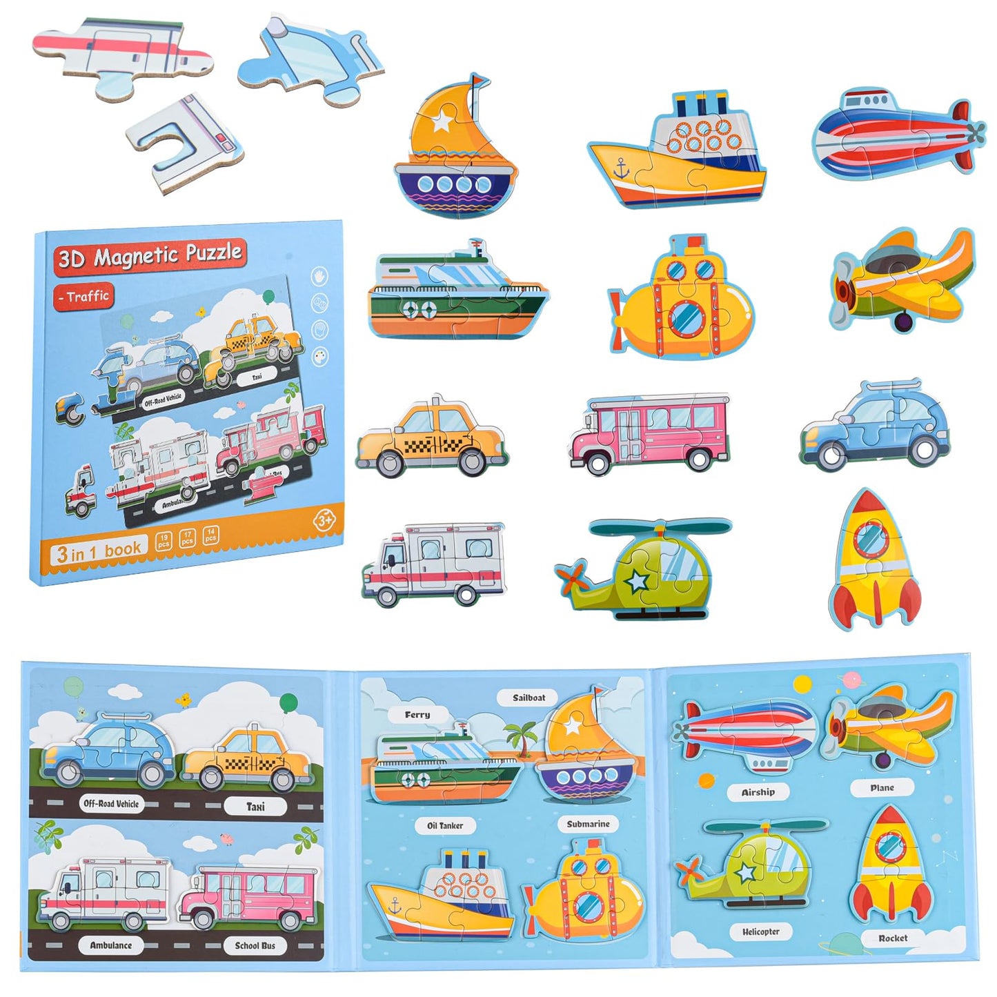ASTARON 3D Magnetic Puzzle with 60 Puffy Stickers for Toddlers, 51 Pieces 3-in-1 Traffic Puzzles Preschool Education Learning Tr