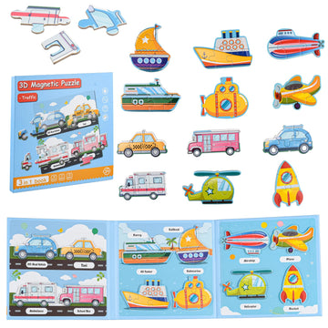 ASTARON 3D Magnetic Puzzle with 60 Puffy Stickers for Toddlers, 51 Pieces 3-in-1 Traffic Puzzles Preschool Education Learning Tr