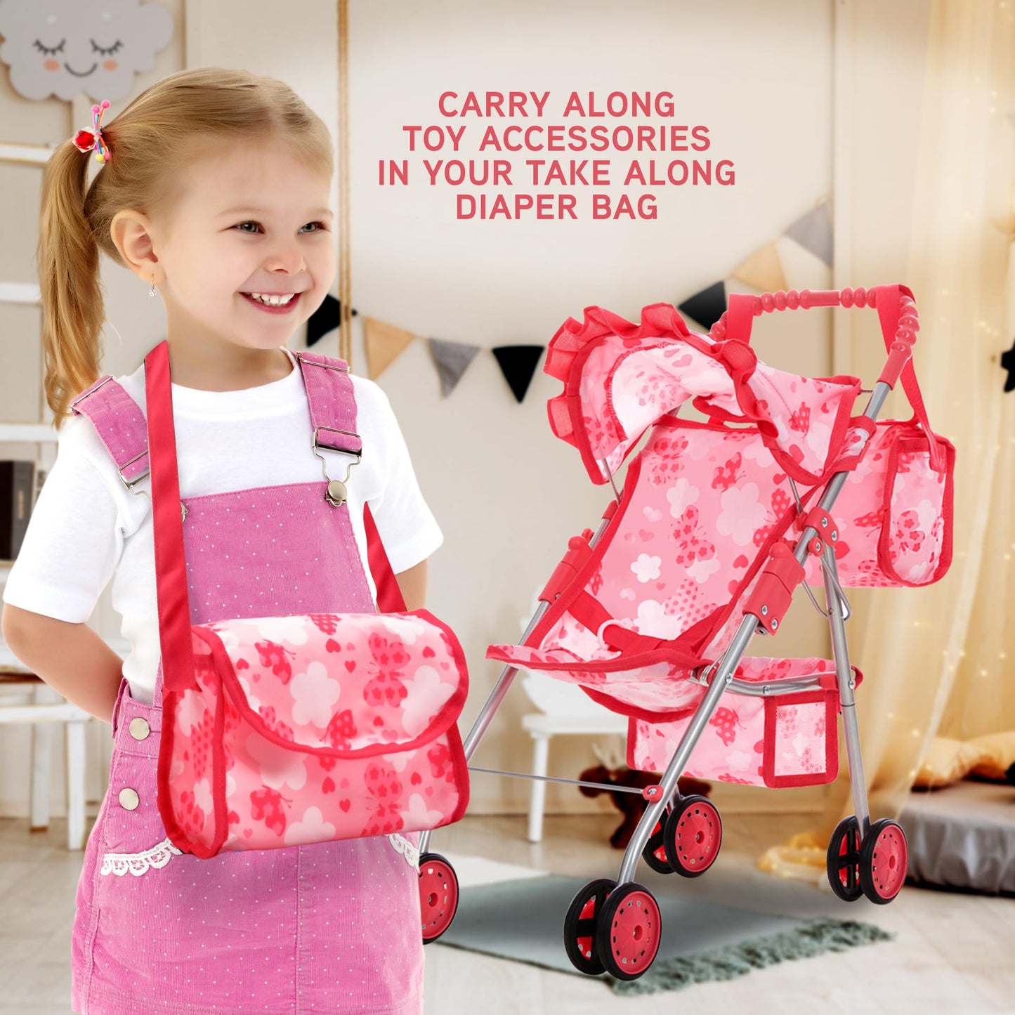 Dolls To Play Baby Doll Stroller Bed and Seat Nursery Playset, Accessories Furniture Set High Chair Diaper Bag Role Play Deluxe