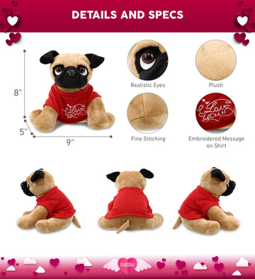 Dollibu I Love You Valentine Plush Pug Dog - Cute Soft Cuddly Stuffed Animal With Red Heart Shirt For Valentines Day, Birthday P