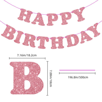 Glitter Rose Gold Birthday Banner Sign With Shiny Letters, Glitter Happy Birthday Bunting Banner Flag Garland For Kids Boys Baby Birthday Party Decorations Supplies