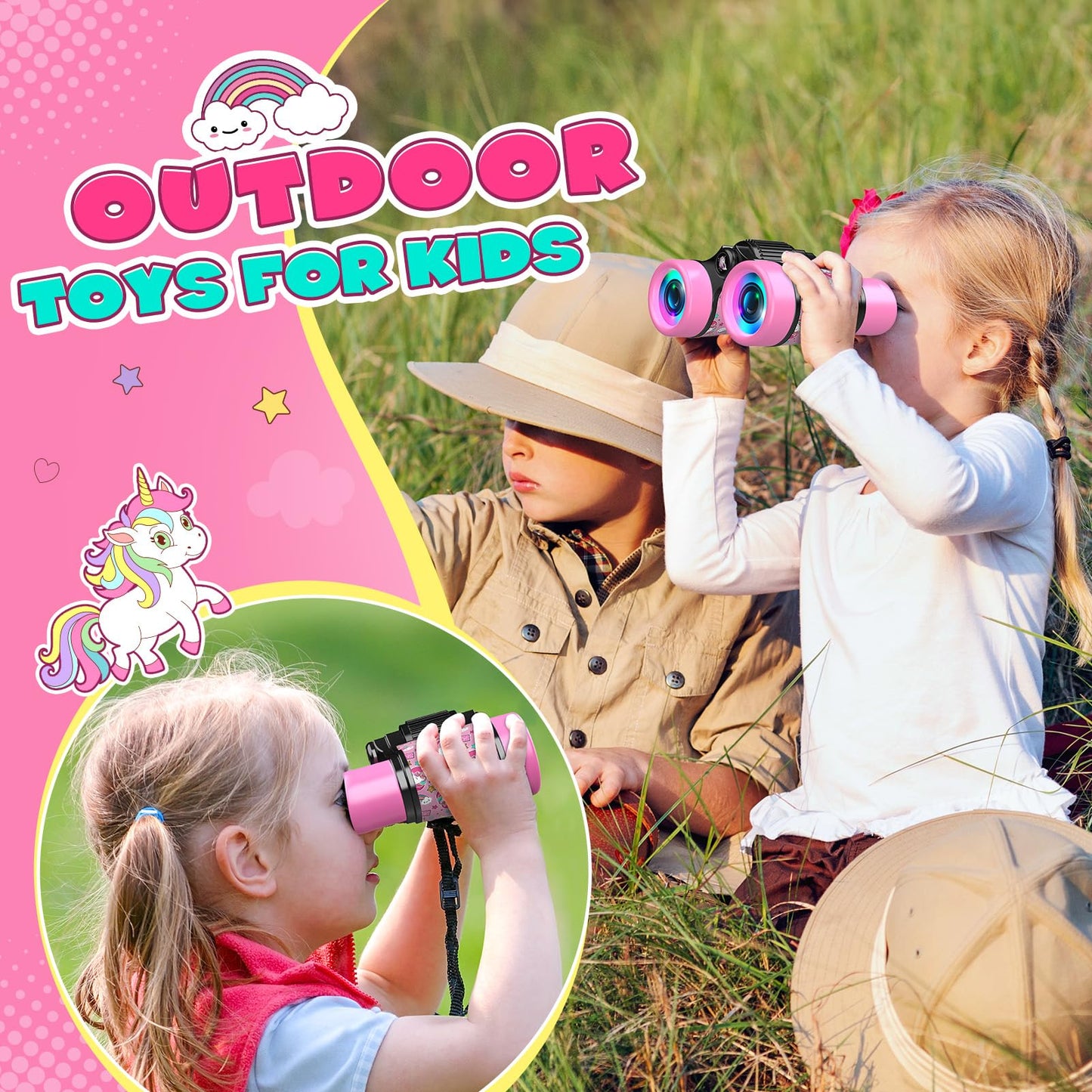Unicorn Binoculars Toys For Kids 3 4 5 6 Year Old Girls Toddlers Pink Binoculars Toys Bird Watching Outdoor Camping Adventure Te