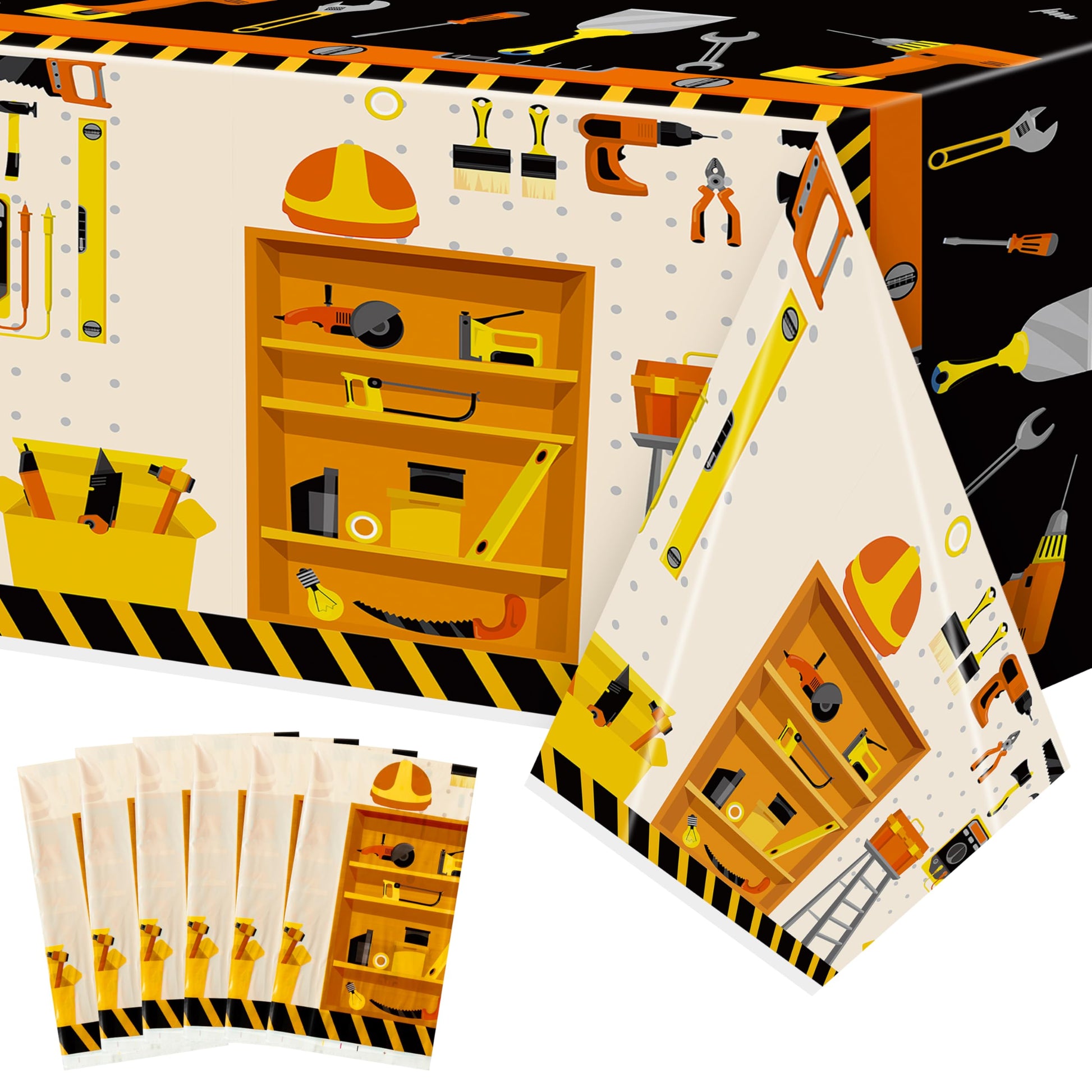 BkeeCten 6 Packs Tool Theme Plastic Tablecloths Decoration Waterproof Rectangle Cute Tool TableCover Design with Hard Hat, Nuts,