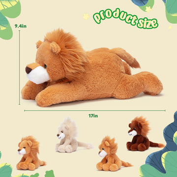 Ikasa Mommy Lion Stuffed Animal Mom And Baby Plush Toy, Cute 17'' Soft Small Mama Family Set Cuddly Toys With Little Mini Babies
