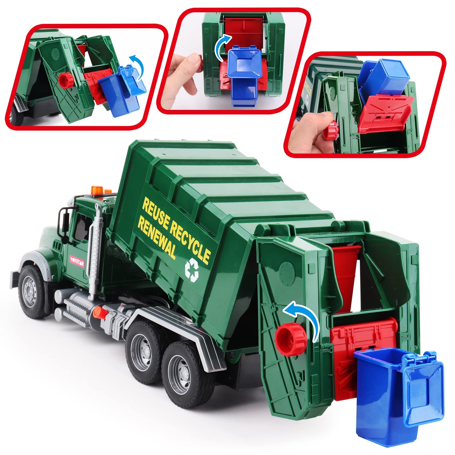 Dwi Dowellin Garbage Truck Toy - 15" Friction Powered with Lights, Sounds & 3 Trash Cans for Kids 3+ Years, Plastic, Fun Gift