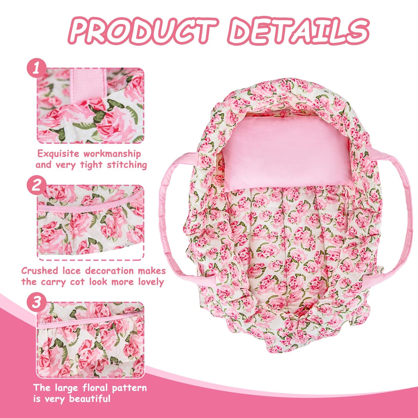 Rakki Dolli Doll Carry Cot Set, Sweet Dreams Soft Bassinet Doll Carrier Includes 1 Cot And 1 Pillow, Pink Flower Doll Bassinet,