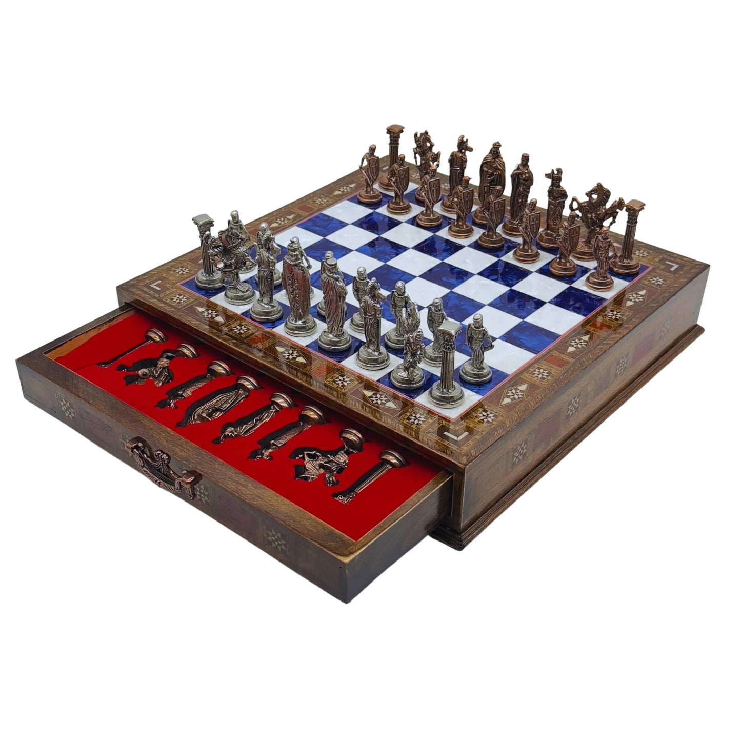 15 Handmade Chess Set With British Army Metal Chess Pieces, Luxury Storage Chess Board, For All Ages, Ideal For Father, (Blue)