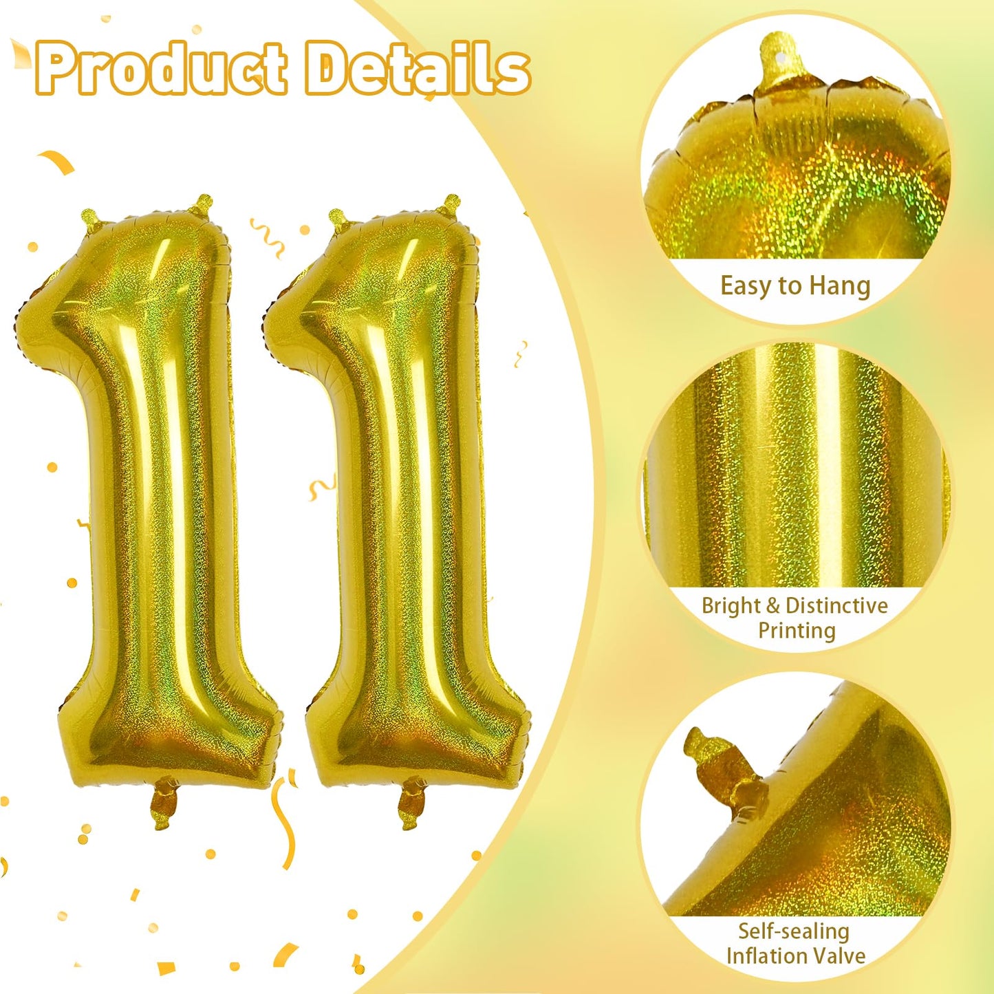 Giant Number 11 Balloon, 40 Inch Laser Gold Foil Balloon For 11 Year Old Birthday Decor, Mylar Helium Self Inflating Globos Dora