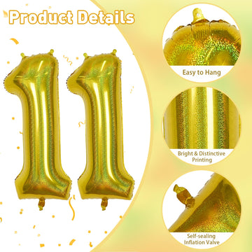 Giant Number 11 Balloon, 40 Inch Laser Gold Foil Balloon For 11 Year Old Birthday Decor, Mylar Helium Self Inflating Globos Dora