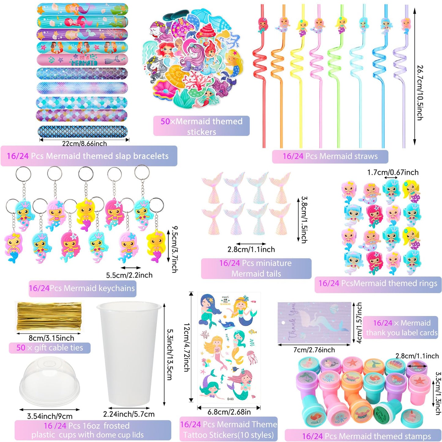 Qilery 267 Pcs Mermaid Party Unicorn Party Dinosaur Party Shark Party Favors Includes Plastic Cup with Lid Straw Keychain Bracel