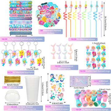 Qilery 267 Pcs Mermaid Party Unicorn Party Dinosaur Party Shark Party Favors Includes Plastic Cup with Lid Straw Keychain Bracel