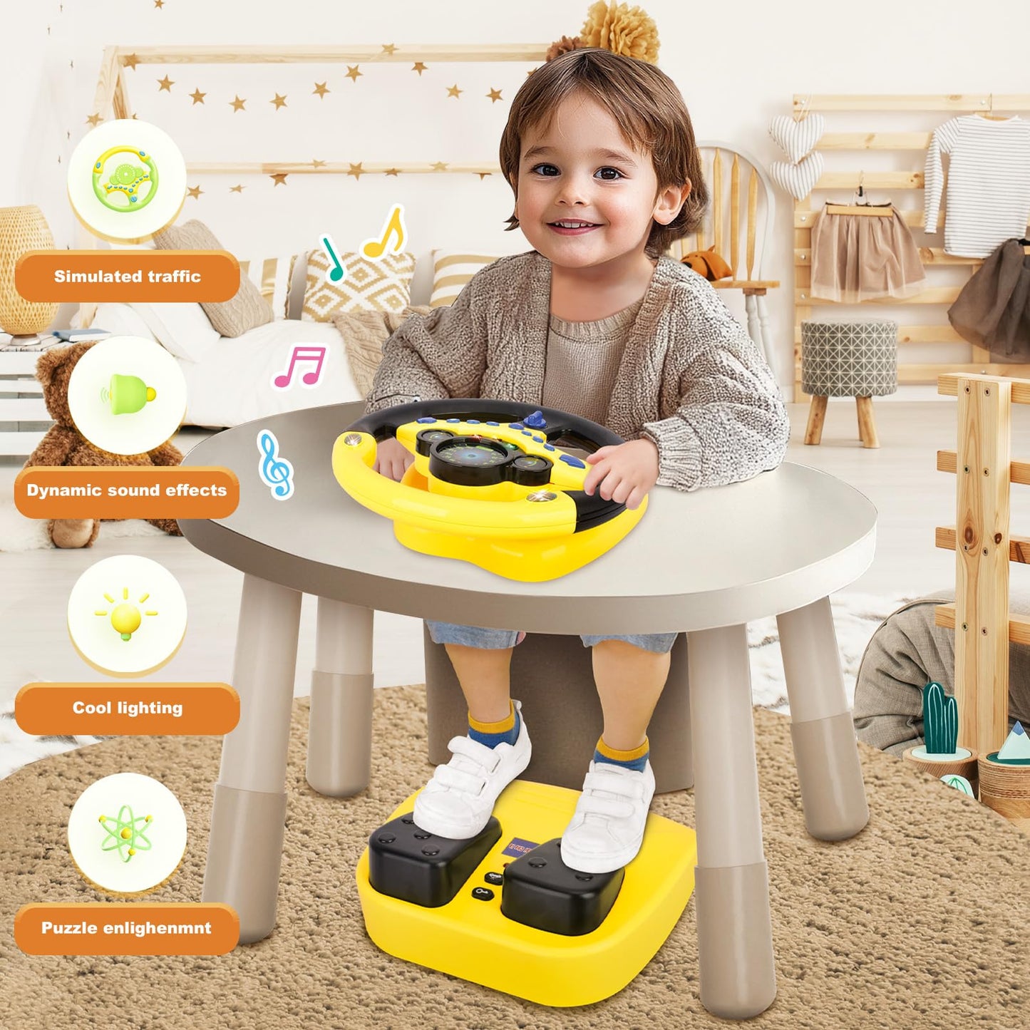 RedCrab Steering Wheels with Brake and Gas Pedals Toy for Kids,Simulated Driving for Toddlers with Light&Music, Pretend Driving