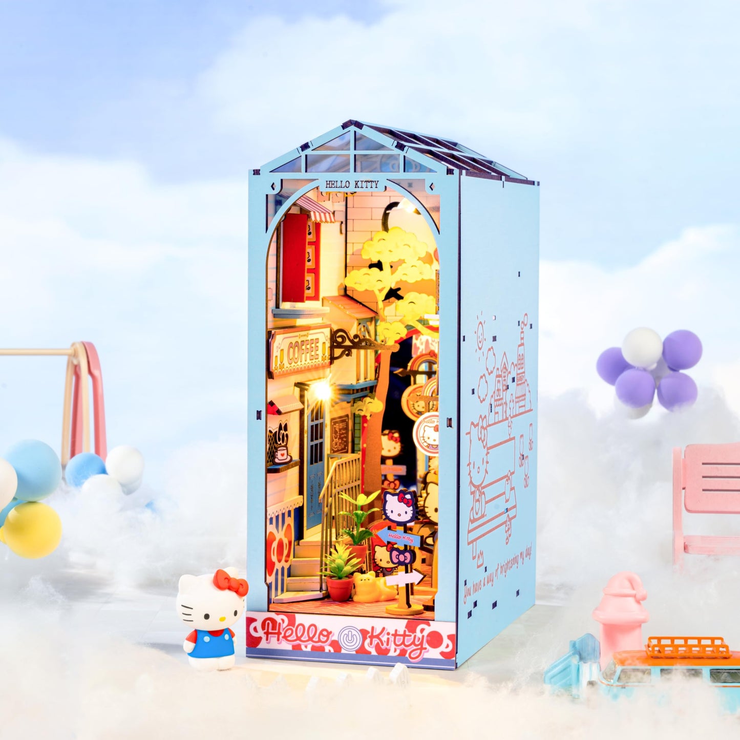 Hands Craft DIY Miniature Kit - Hello Kitty Town Square, 1:12 Scale, Wood, TGBH01, LED Lights, Perfect Gift for Fans