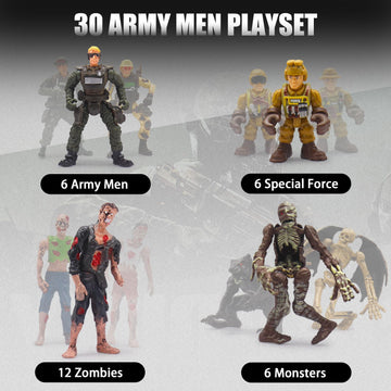 Qutumill Army Men Action Figures Playset  30 PCS Soldiers Zombies Monsters Action Figures with  Gear Equipment Accessories - 4 Inches Military Action Figures Toy for Boys Ages 6-12 Years Old