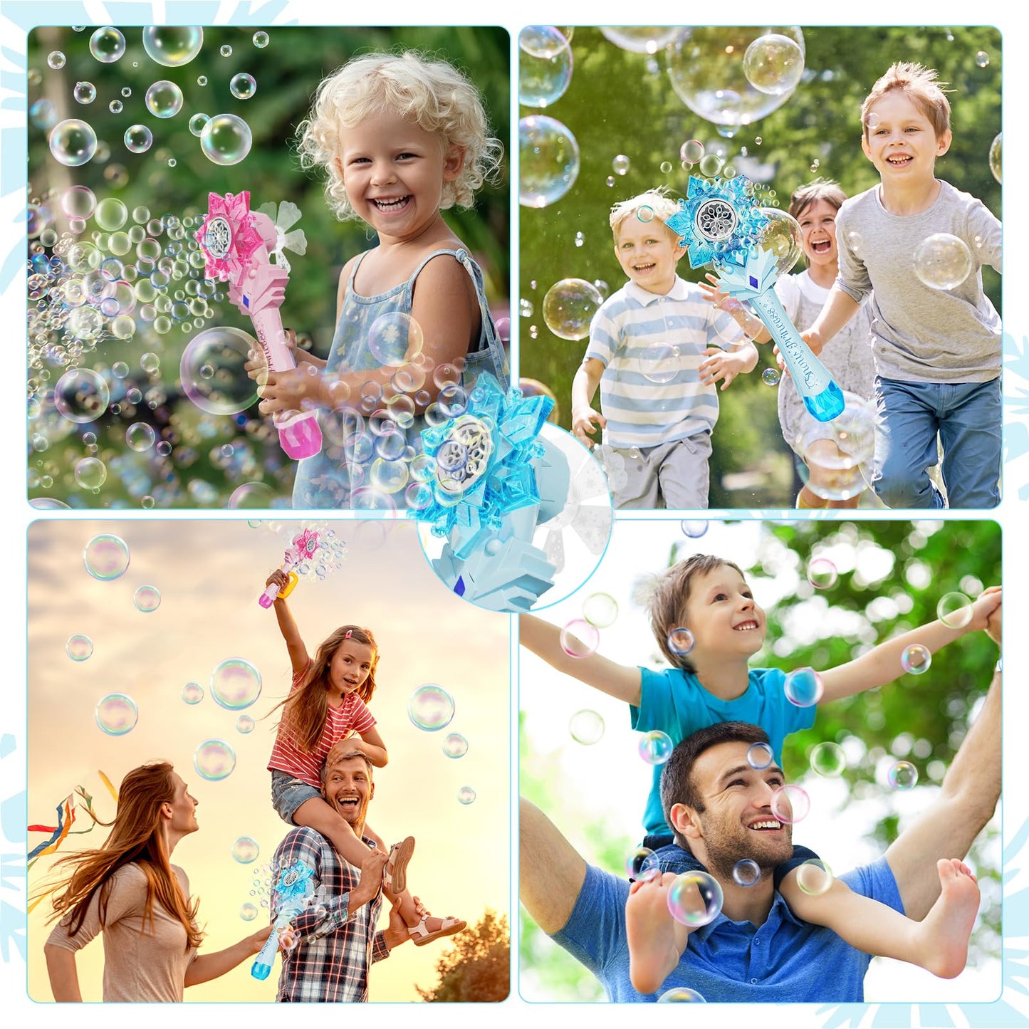 Vatos Bubble Wands 2 Packs For Kids, Automatic Bubble Blower Machine, Light & Music Snowflake Bubble Wand With 2 Windmill & 4 Bottles Bubble Solutions, Bubble Toy For Toddler Girl Boys Adult Party