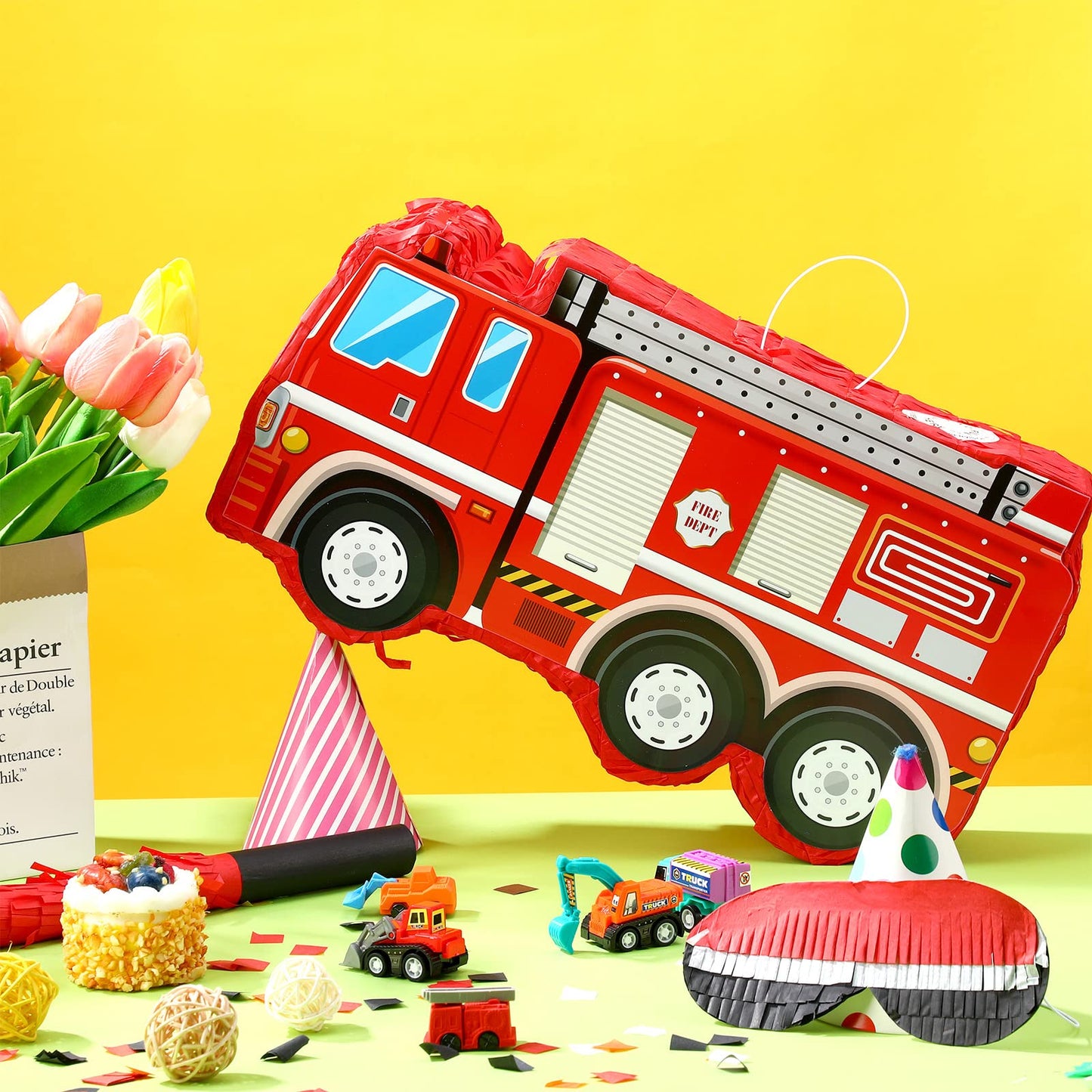 Aoriher Fire Truck Piñata - 16.14" x 8.9" x 3.15", Cardboard, Includes Blindfold, Bat & Confetti, Perfect for Kids