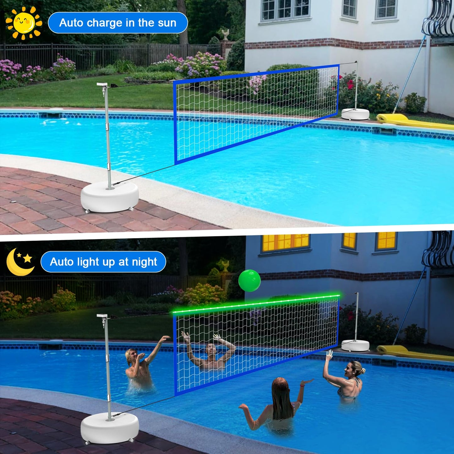 Pool Volleyball Net Set With Solar Colorful Lights, Portable Outdoor Led Light Up Volleyball Net For Pool 15Ft-32Ft Adjustable L