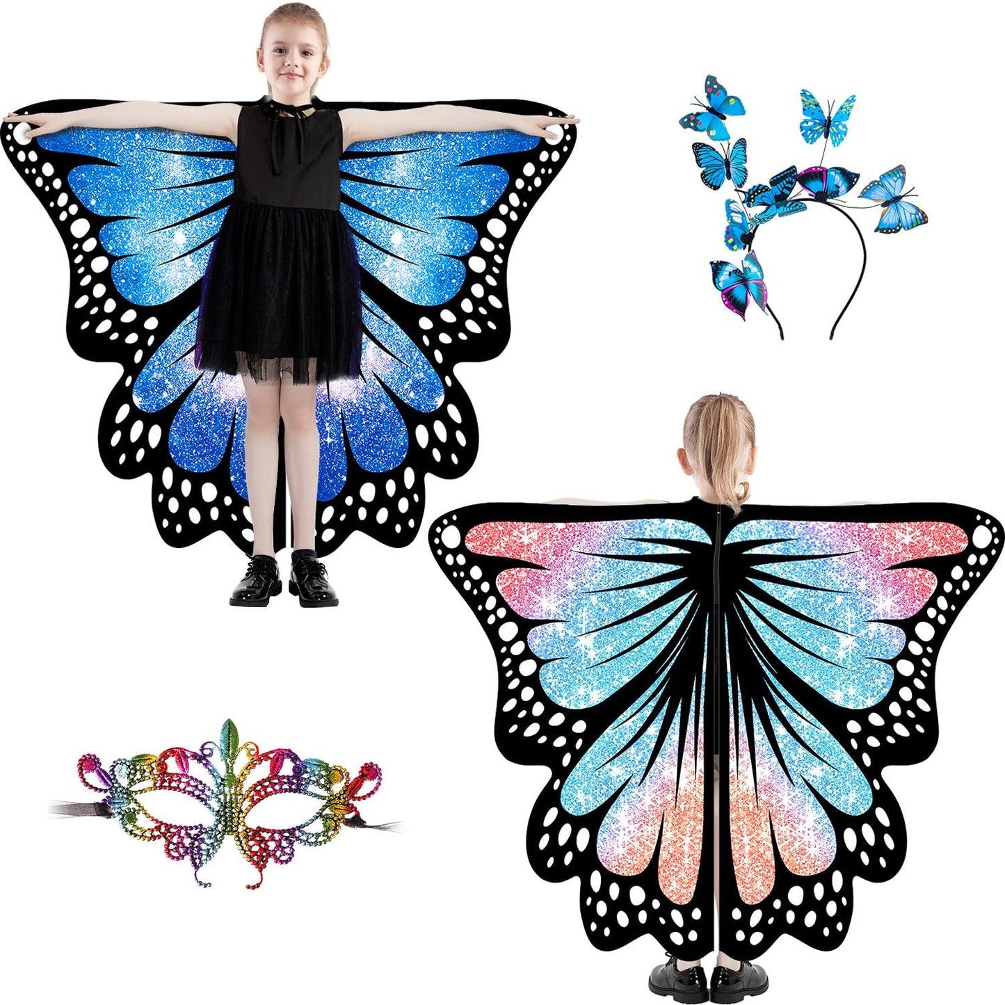 LYL. Ling Halloween Costumes for Kids  Double-Sided Butterfly Wings  Butterfly Costume for Girls  3PCS Blue Fairy Wings Set.