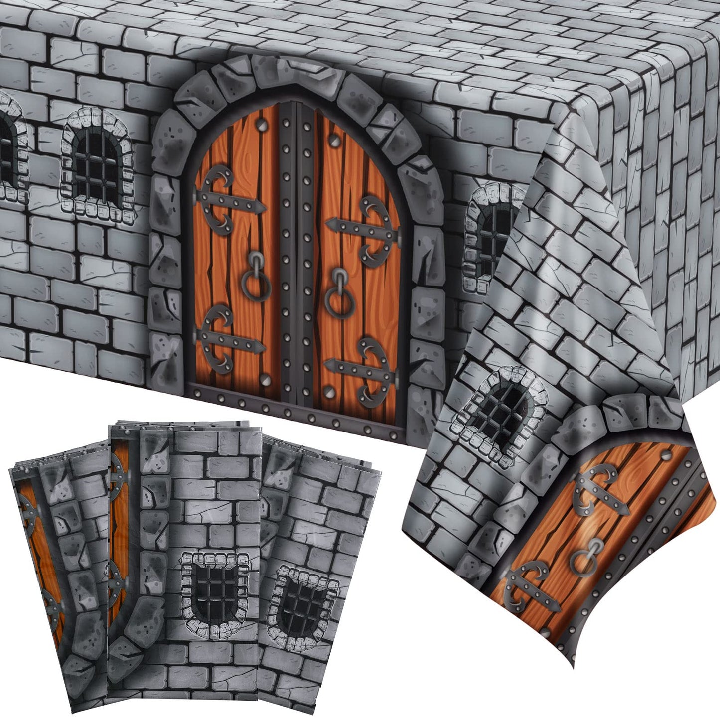 Remerry Medieval Tablecloth, 3 Pc Set, Plastic, 108 x 54 Inches, Rectangular, Stone Wall Design, Knight Party Decorations, Castl