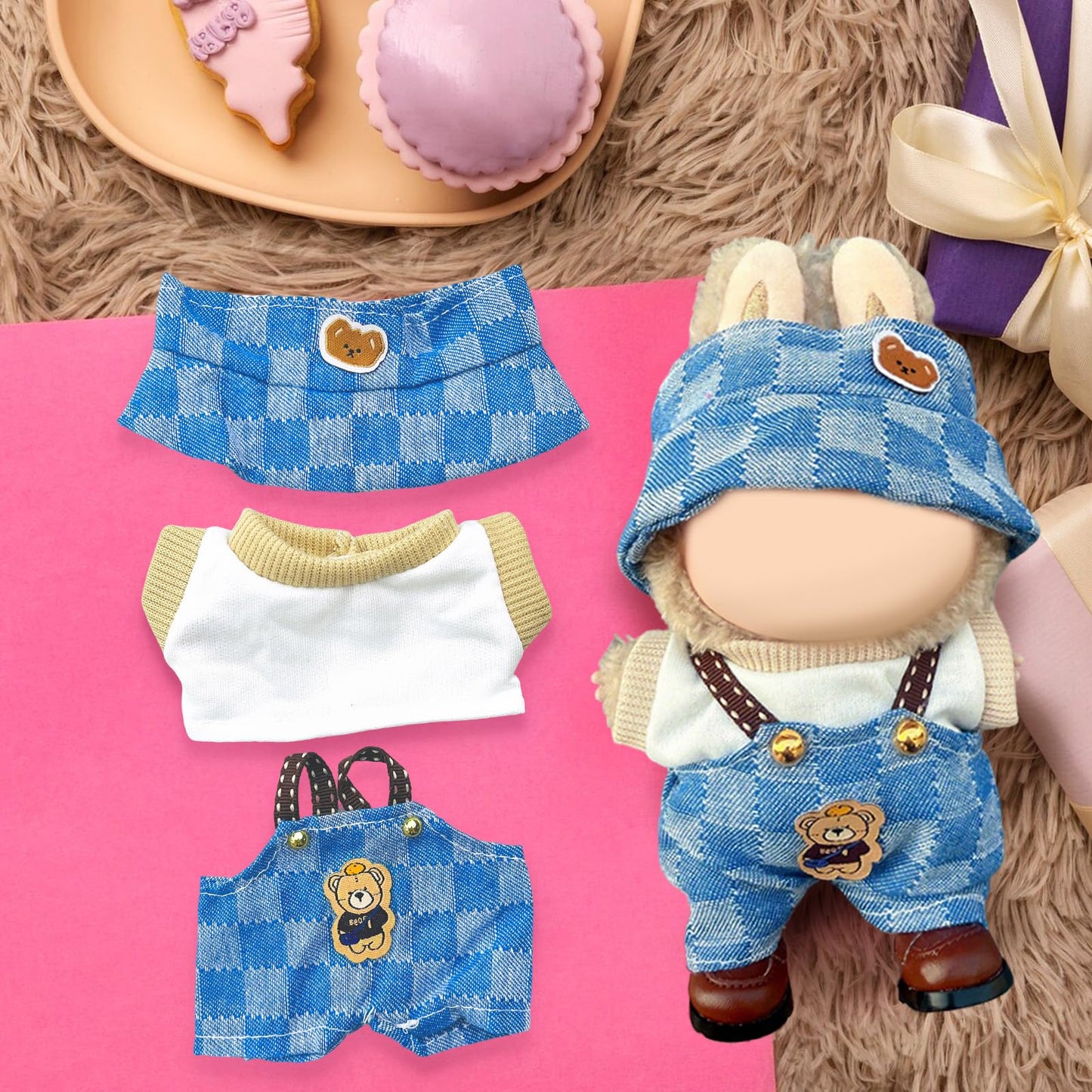 17cm Doll Clothes Labubu Clothes for 6.7inch(17cm) Dolls enhanced Doll Outfit with Hat and Accessories(Clothes Only) (Blue)