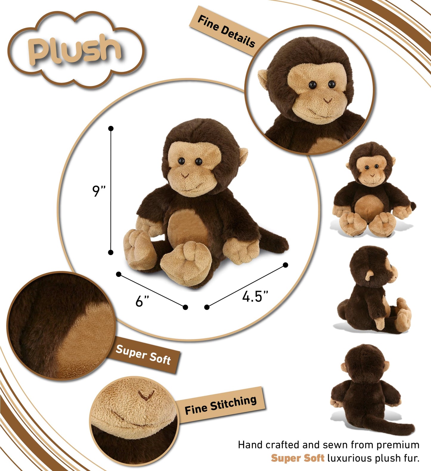 DolliBu Monkey Plush - Super Soft Stuffed Animal  Cute Brown Wildlife Animal Plush  Adorable Fluffy Stuffed Animal for Boys and Girls  Stuffed Zoo Animals Plush Gift for Babies  Kids  mature-themeds - 9 Inch
