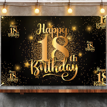 Happy 18Th Birthday Backdrop Banner Step And Repeat 18 Years Old Background Decorations For Women Men Her Him Photography Party Supplies Glitter Black Gold
