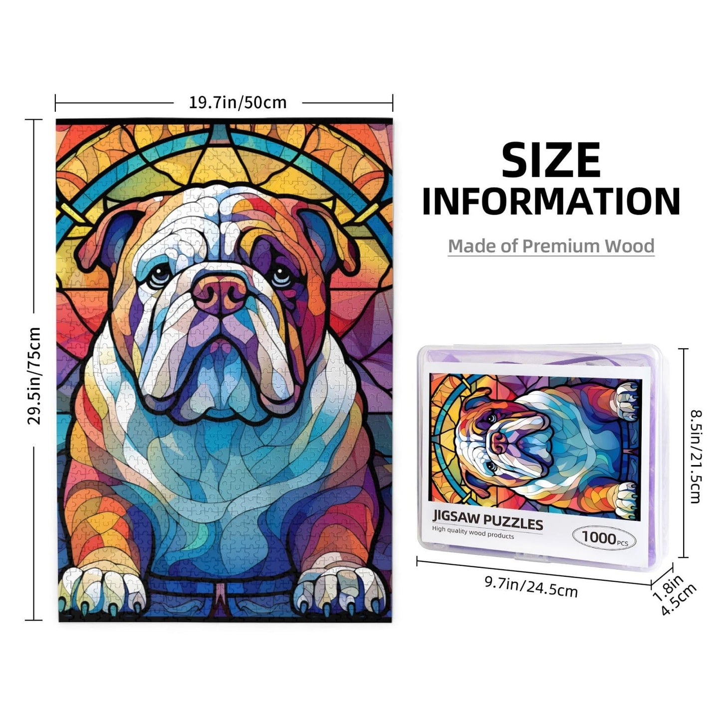English Bulldog Dogs Lovers Stained Colorful Glass 1000 Pieces Art Painting Wooden Puzzle For Kids Adults, Birthday Mother'S Fat