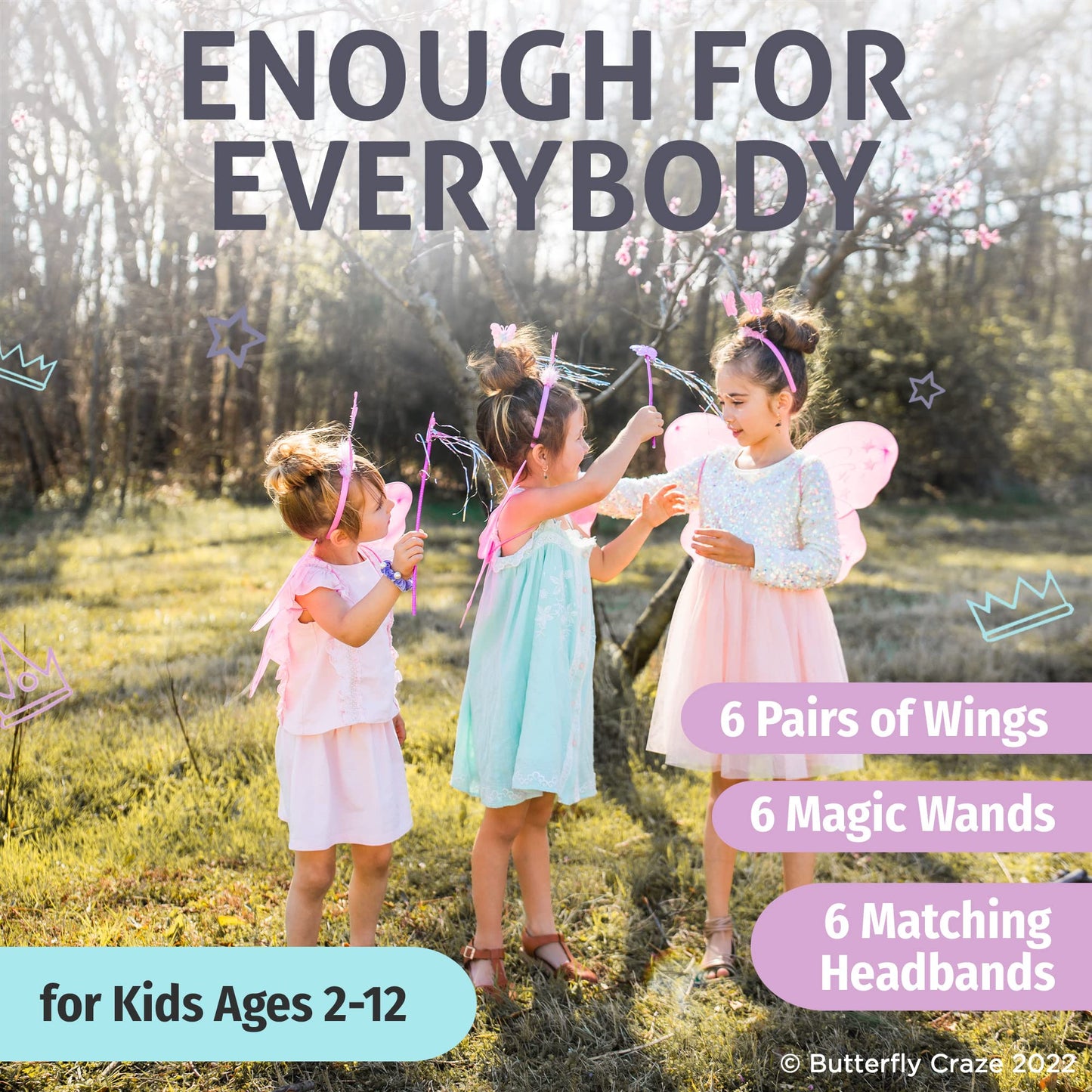 Butterfly Craze Girls' Fairy Wings With Wands And Headbands - Pack Of 6, Costumes And Dress Up Set For Kids Aged 3 And Up, These Accessories Are Perfect As Birthday Party Favors Or Supplies, (Pink)