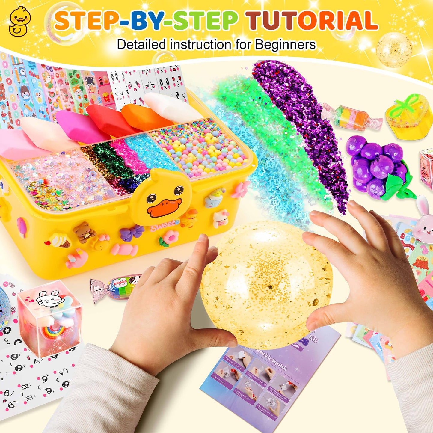 Lokuc Duck Theme Nano Tape Bubble Kit for Kids, 19.7Ft Plastic Kit with Glitter, Clay, Beads, Stickers, Yellow, Model NMJTZ-3