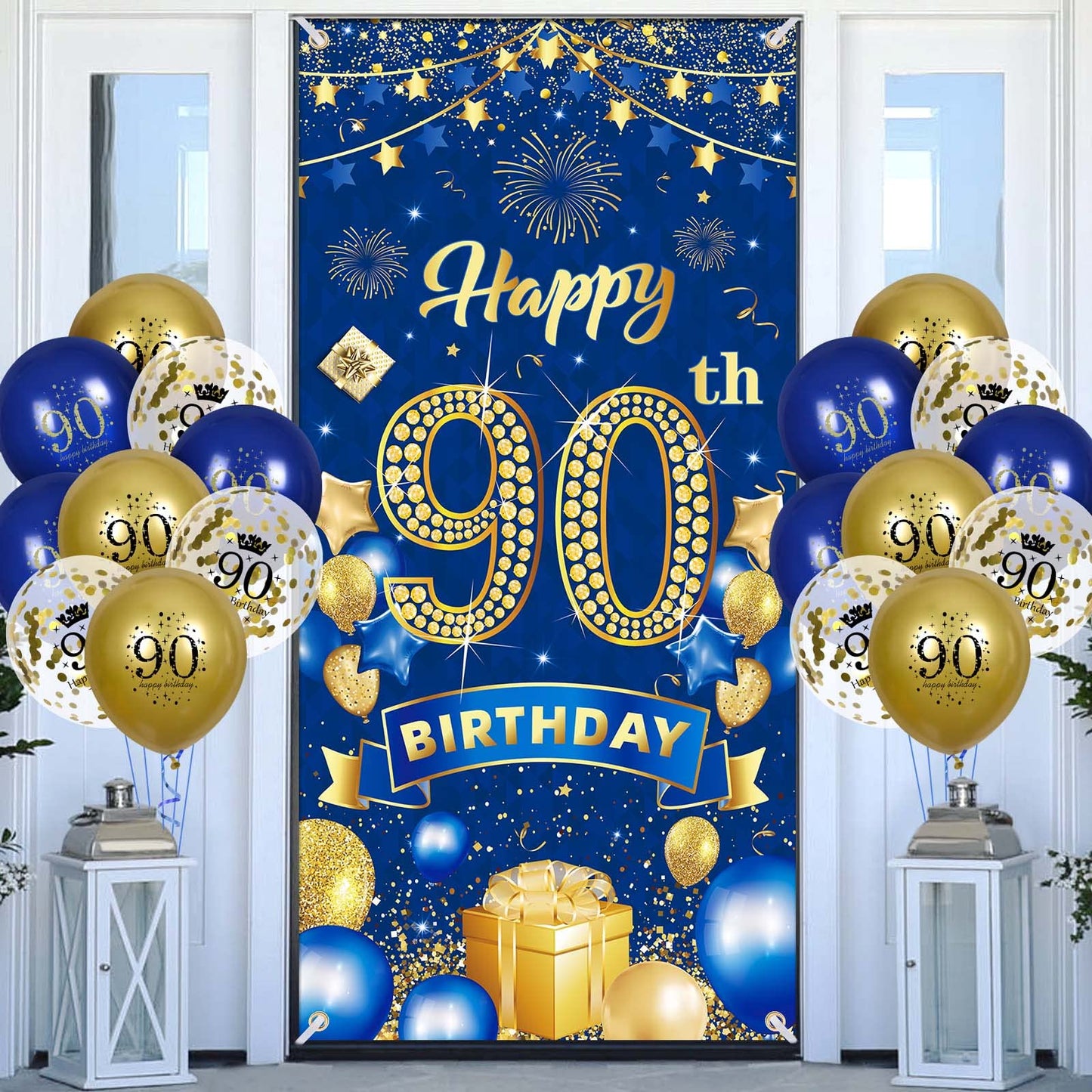 90th Birthday Party Decorations for Men Navy Blue Gold Happy 90th Birthday Banner with 18pcs 90th Balloons 90th Door Cover Backd