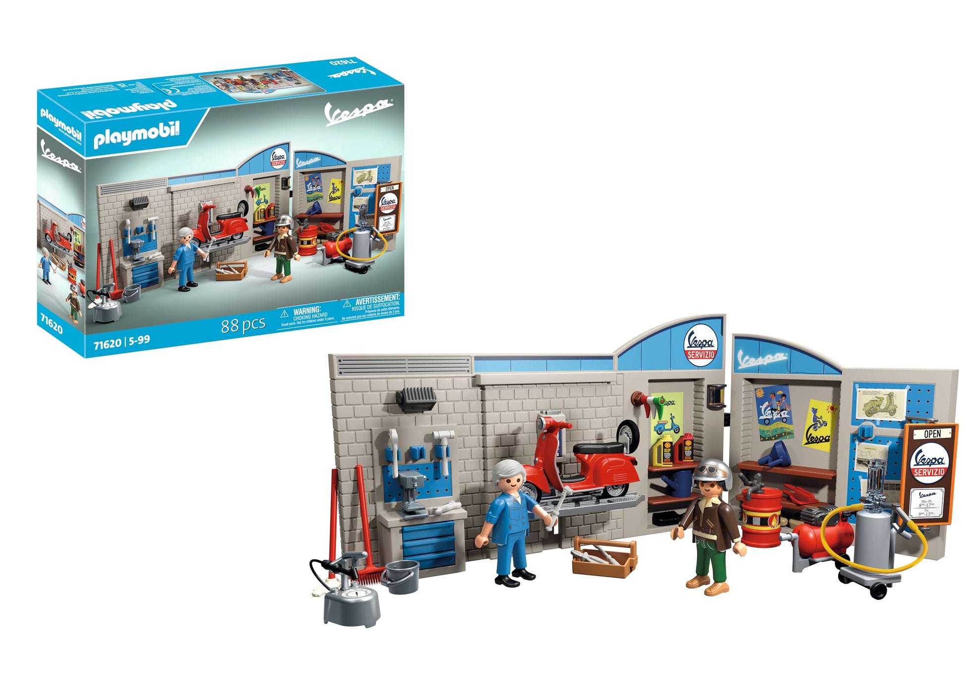 Playmobil 71620 Garage Vespa 60S - Includes Two Characters, Vespa, 2-Part Garage Wall, Mobile Lift Platform And Accessories - Fr