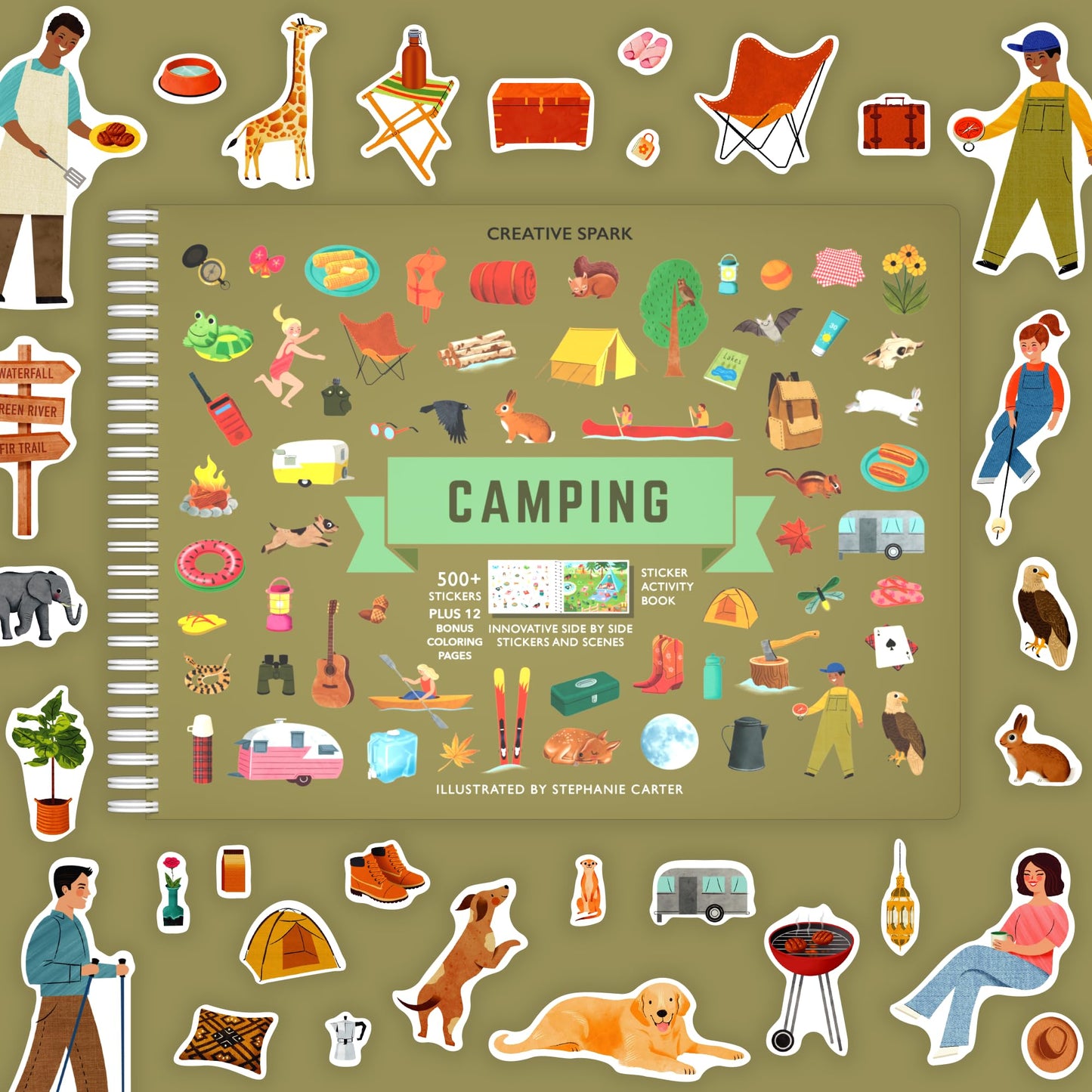 Camping Stickers + Coloring Book (500+ Animal Stickers for Kids & 12 Coloring Pages)- Side by Side Sticker Activity Book - Fun S