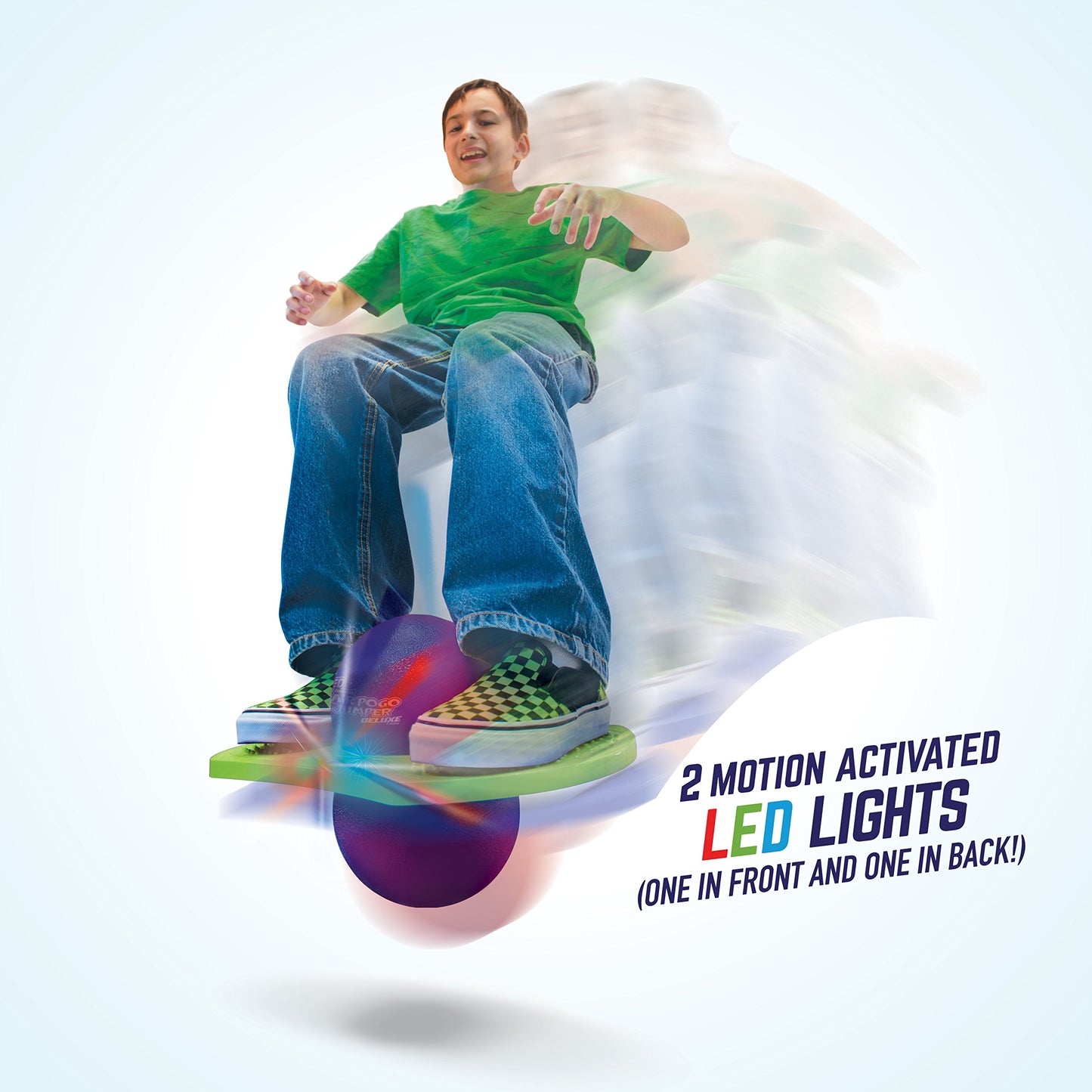 Geospace Original Led Air Pogo Jumper Deluxe With Motion-Activated Lights, Indoor Or Outdoor Trick Bounce Board For Boys, Girls, Teens Ages 6+ Or Up To 160 Lbs, Pump Included (Purple/Green)