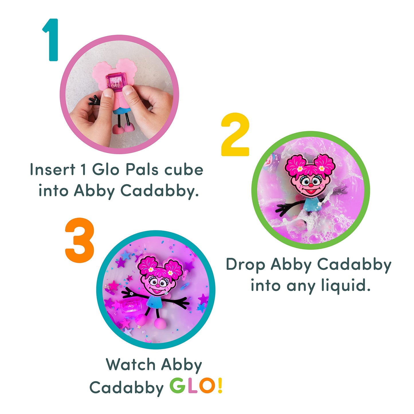 Glo Pals X Sesame Street Water-Activated Bath Toy With 6 Reusable Light-Up Cubes For Sensory Play (Abby Cadabby, Cubes With Character)