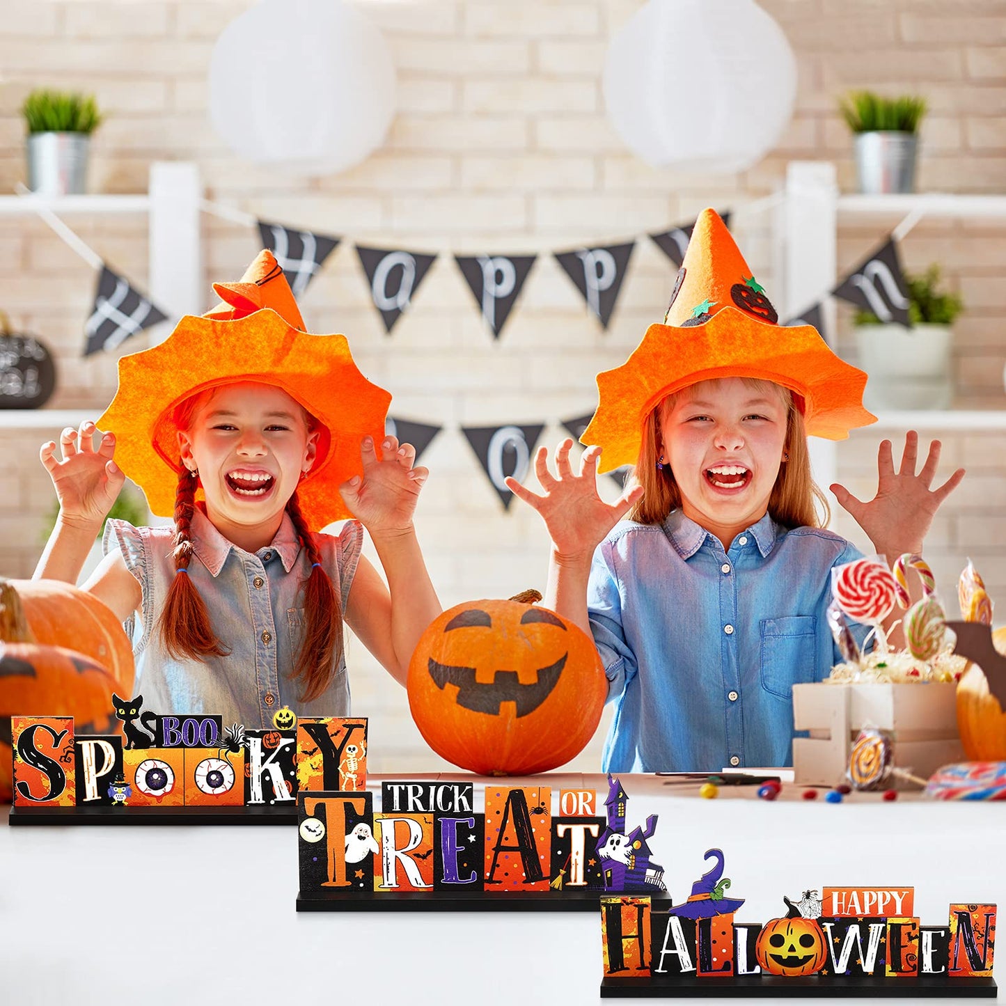 3 Pieces Halloween Table Decorations Pumpkin Table Centerpiece Boo Spooky Wood Sign Trick or Treat Witch Hat Table Decor for Hal