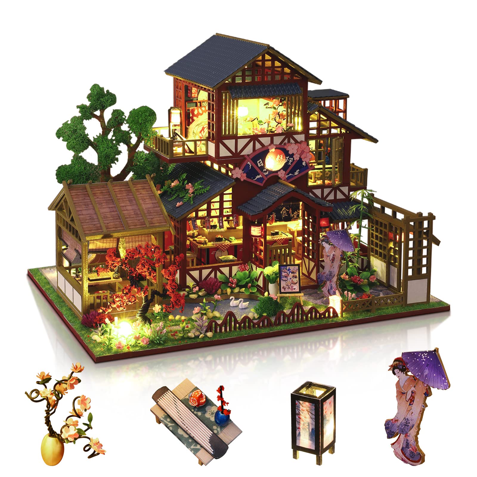 GuDoQi DIY Miniature Dollhouse Kit  1:24 Scale Tiny House kit with Music Plant DIY Craft Kits  Model Craft Kits for mature-themed to Build  Great Handmade Craft Gift for Birthday  Japanese Villa Courtyard