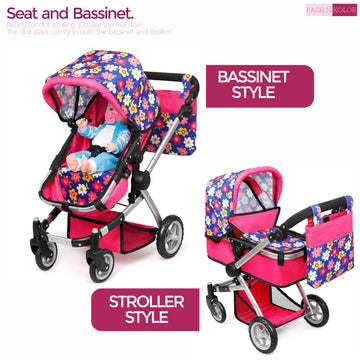 Fash N Kolor | Foldable Pram For Baby Doll With Flower Design With Swiveling Wheel Adjustable Handle Bassinet Stroller With Baby